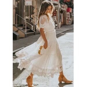 NEW Boho White Swiss Dot Lace Maxi Dress Beth‎ Dutton Yellowstone Westerncore S